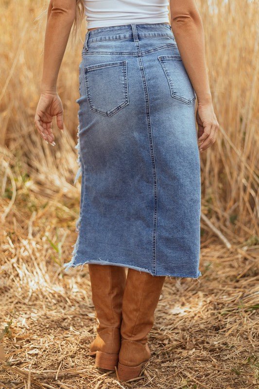 Denim Distressed Midi Skirt - Robbi & Angel