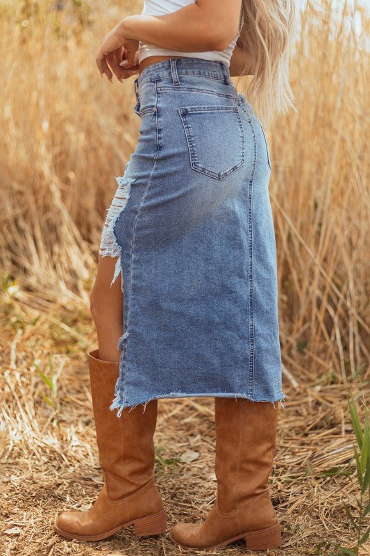 Denim Distressed Midi Skirt - Robbi & Angel