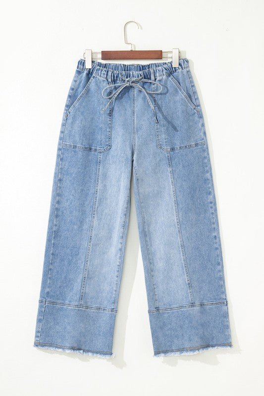 Denim Raw Hem Drawstring Wide Leg Pants - Robbi & Angel