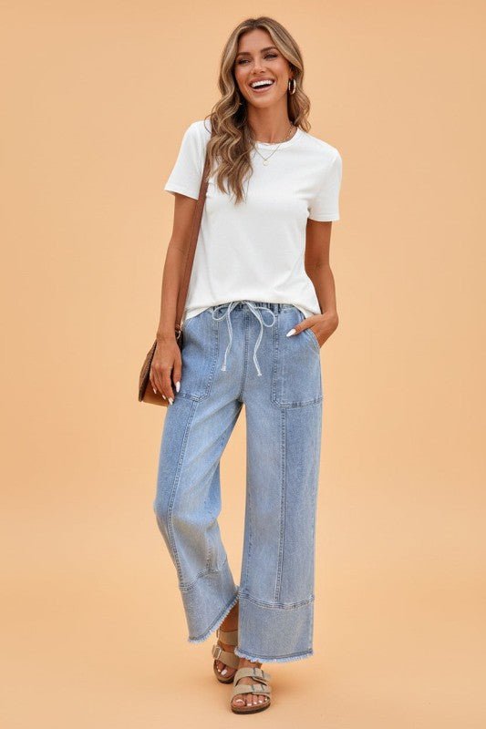 Denim Raw Hem Drawstring Wide Leg Pants - Robbi & Angel