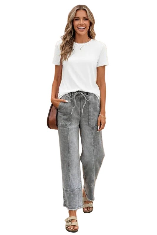 Denim Raw Hem Drawstring Wide Leg Pants - Robbi & Angel
