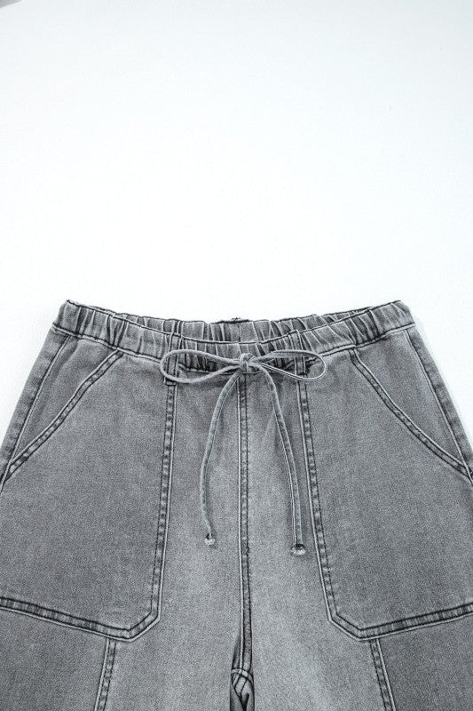 Denim Raw Hem Drawstring Wide Leg Pants - Robbi & Angel