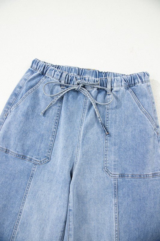 Denim Raw Hem Drawstring Wide Leg Pants - Robbi & Angel