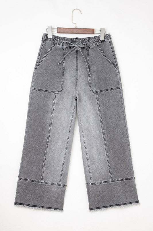 Denim Raw Hem Drawstring Wide Leg Pants - Robbi & Angel