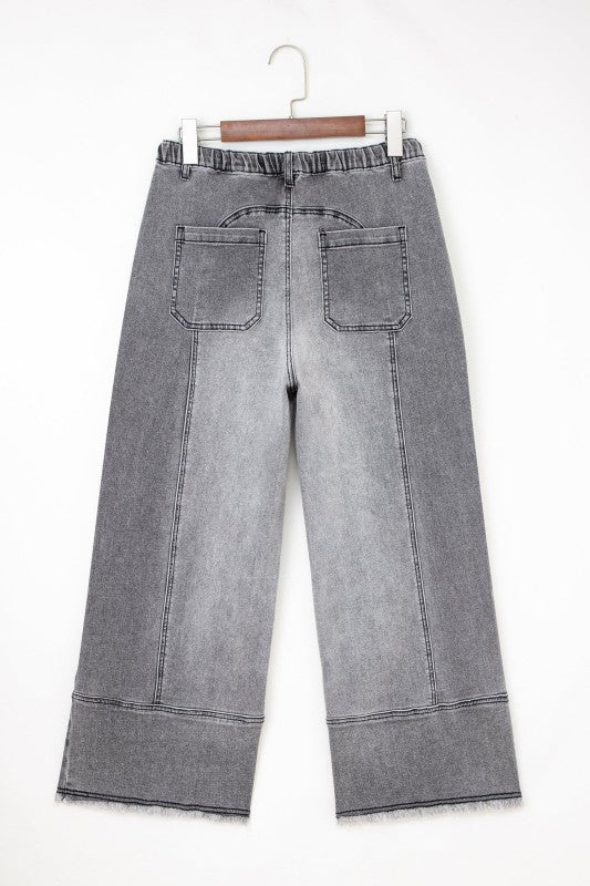 Denim Raw Hem Drawstring Wide Leg Pants - Robbi & Angel
