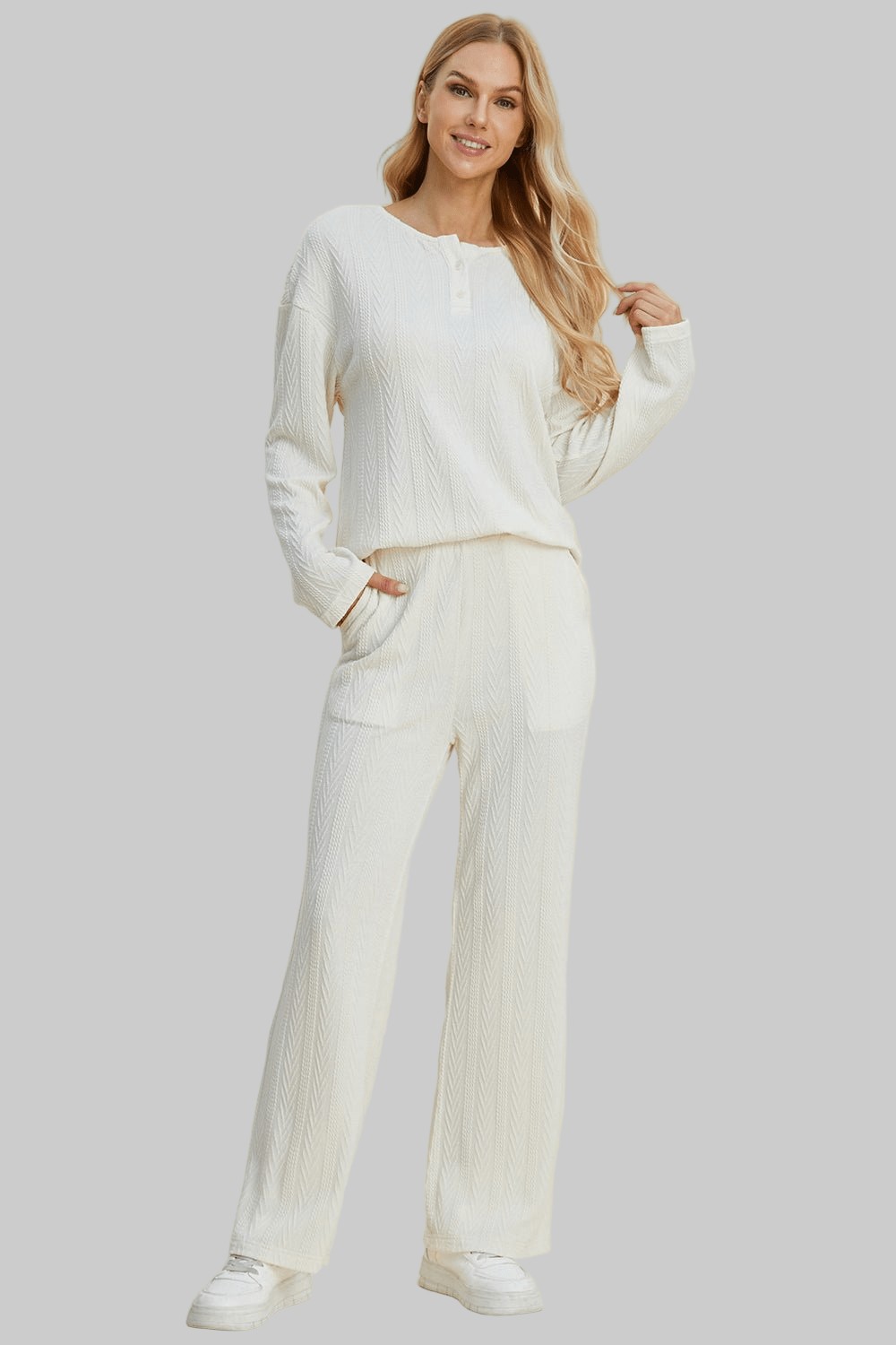 Double Take Full Size Cable - Knit Long Sleeve Top and Pants Set - Robbi & Angel