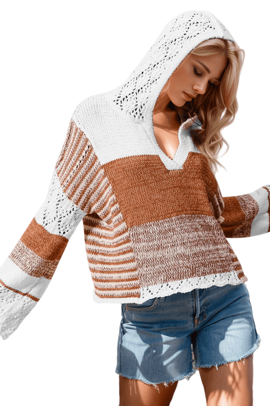 Double Take Full Size Openwork Contrast Long Sleeve Hooded Sweater - Robbi & Angel