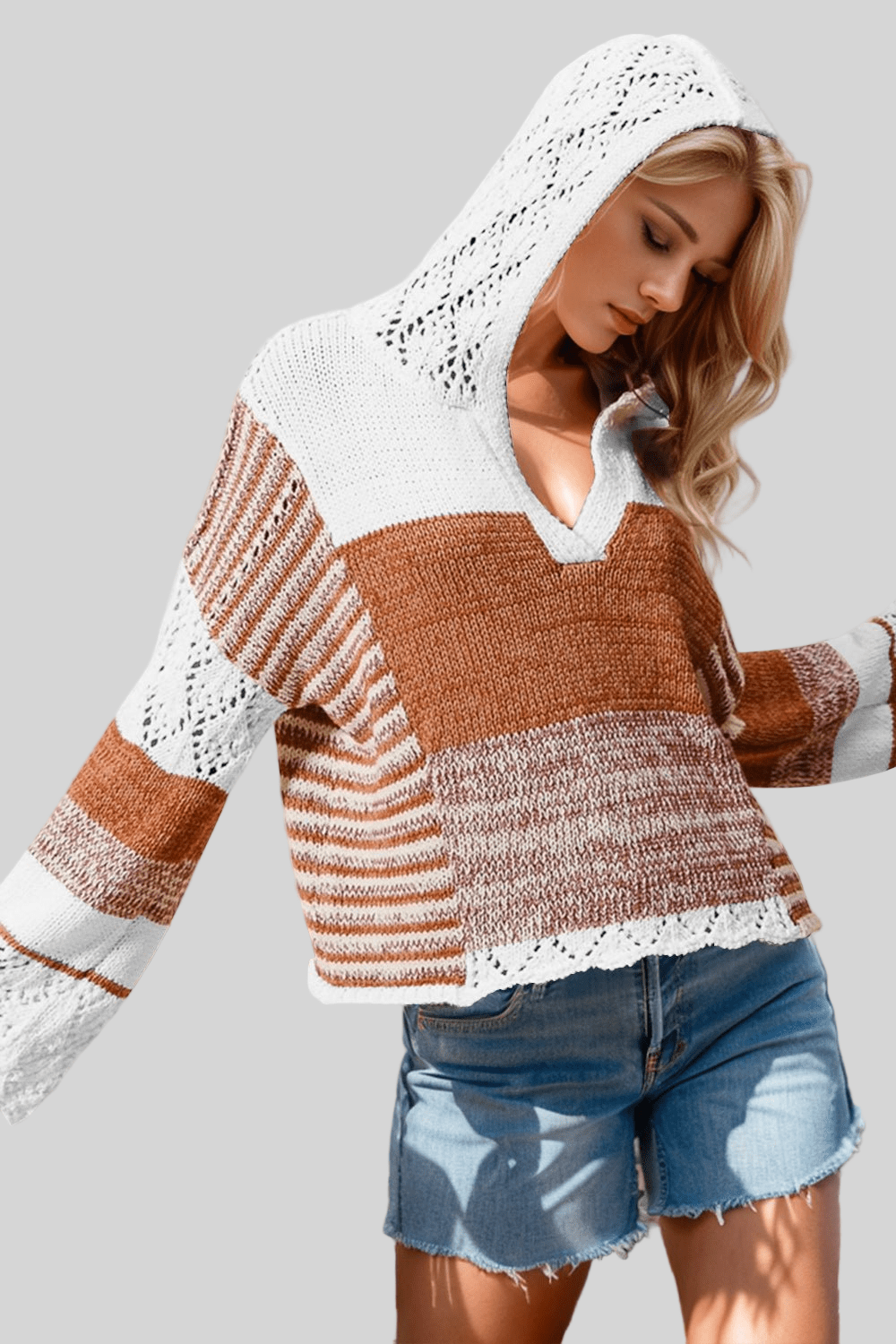 Double Take Full Size Openwork Contrast Long Sleeve Hooded Sweater - Robbi & Angel