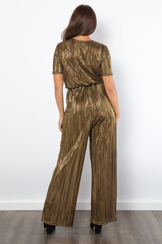 Be Stage Surplice Short Sleeve Pleated Foil Jumpsuit - Robbi & Angel