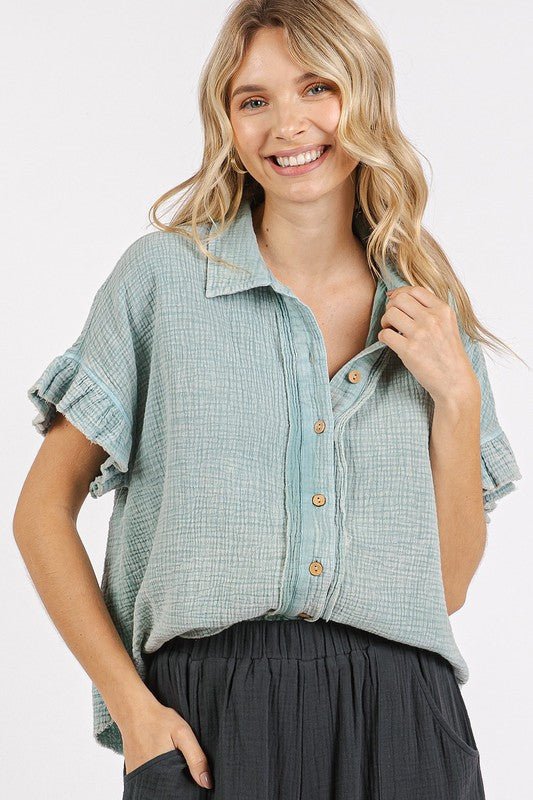 Mittoshop Mineral Washed Button Down Flounce Sleeve Shirt - Robbi & Angel