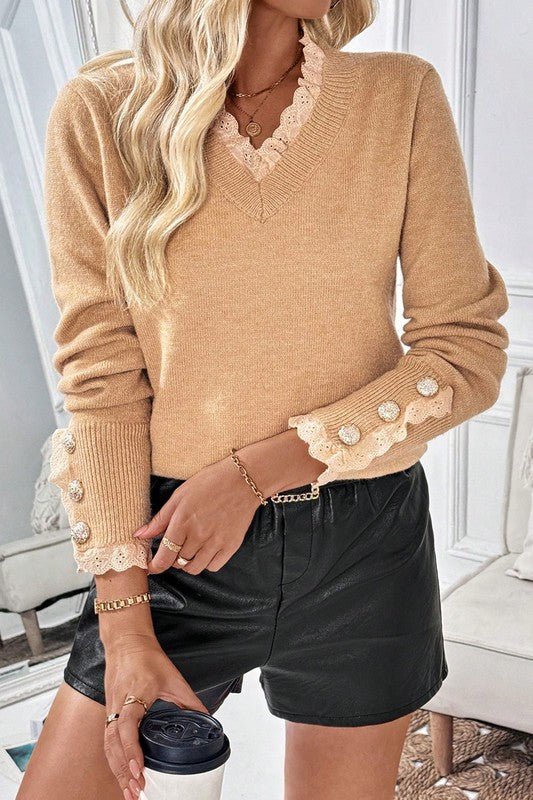 Solid Crew Neck Lace Trim Button Pullover Sweater - Robbi & Angel