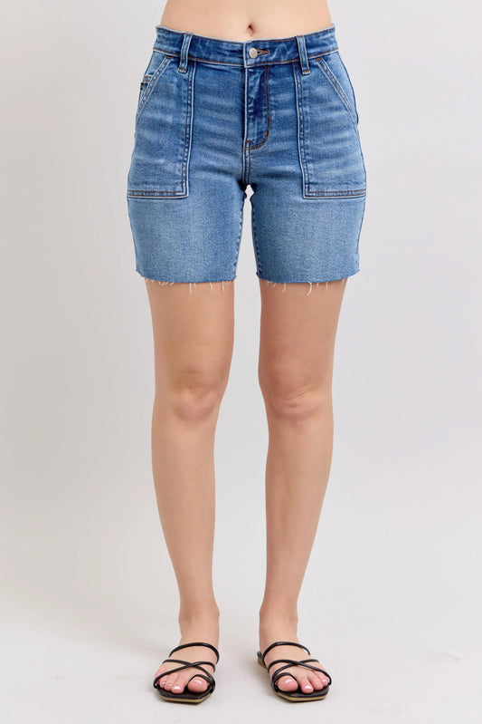 Judy Blue Full Size Mid Rise Bermudas Denim Shorts W/ Back Flap Pockets Plus Size - Robbi & Angel