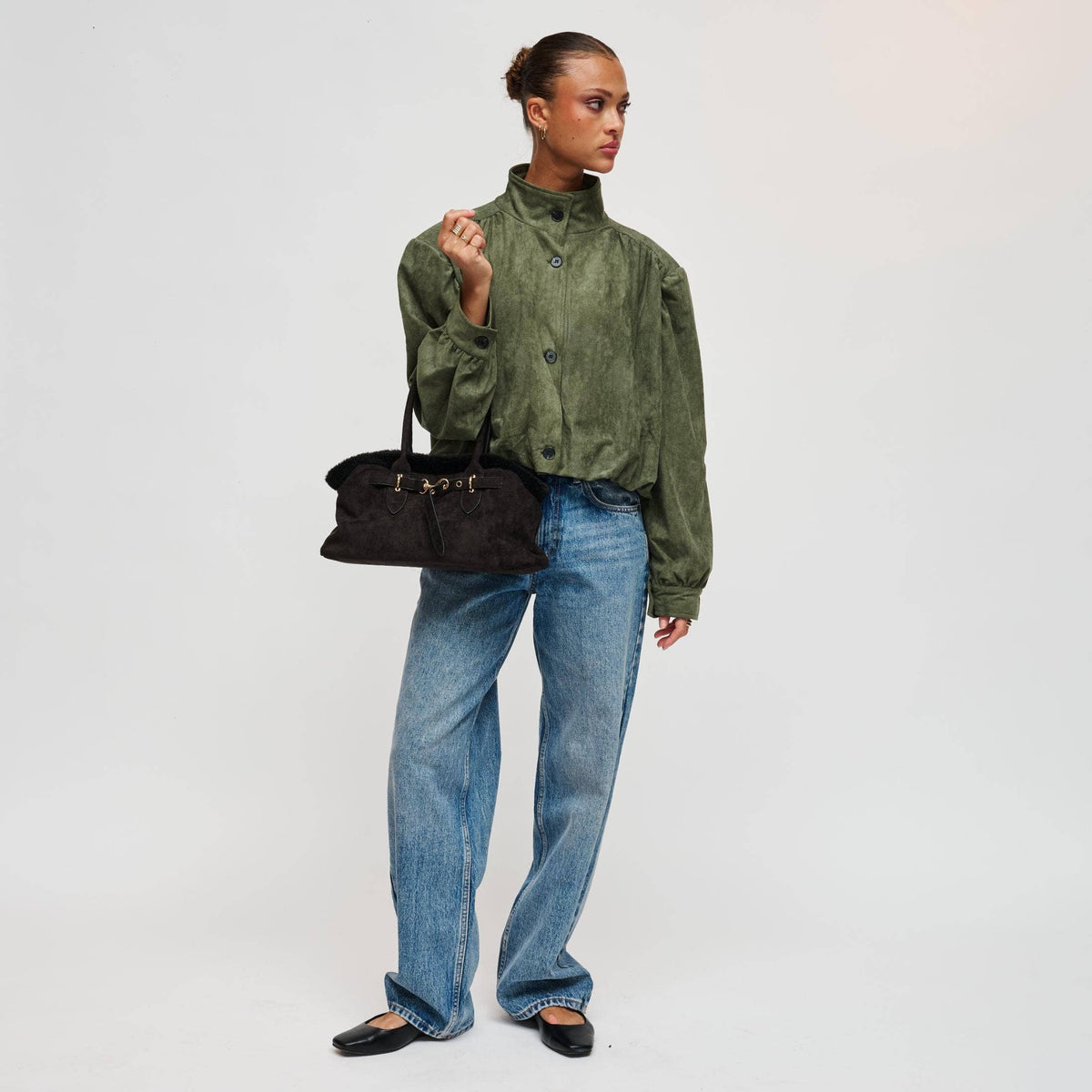 Tommi Faux Suede Plush Trim Satchel