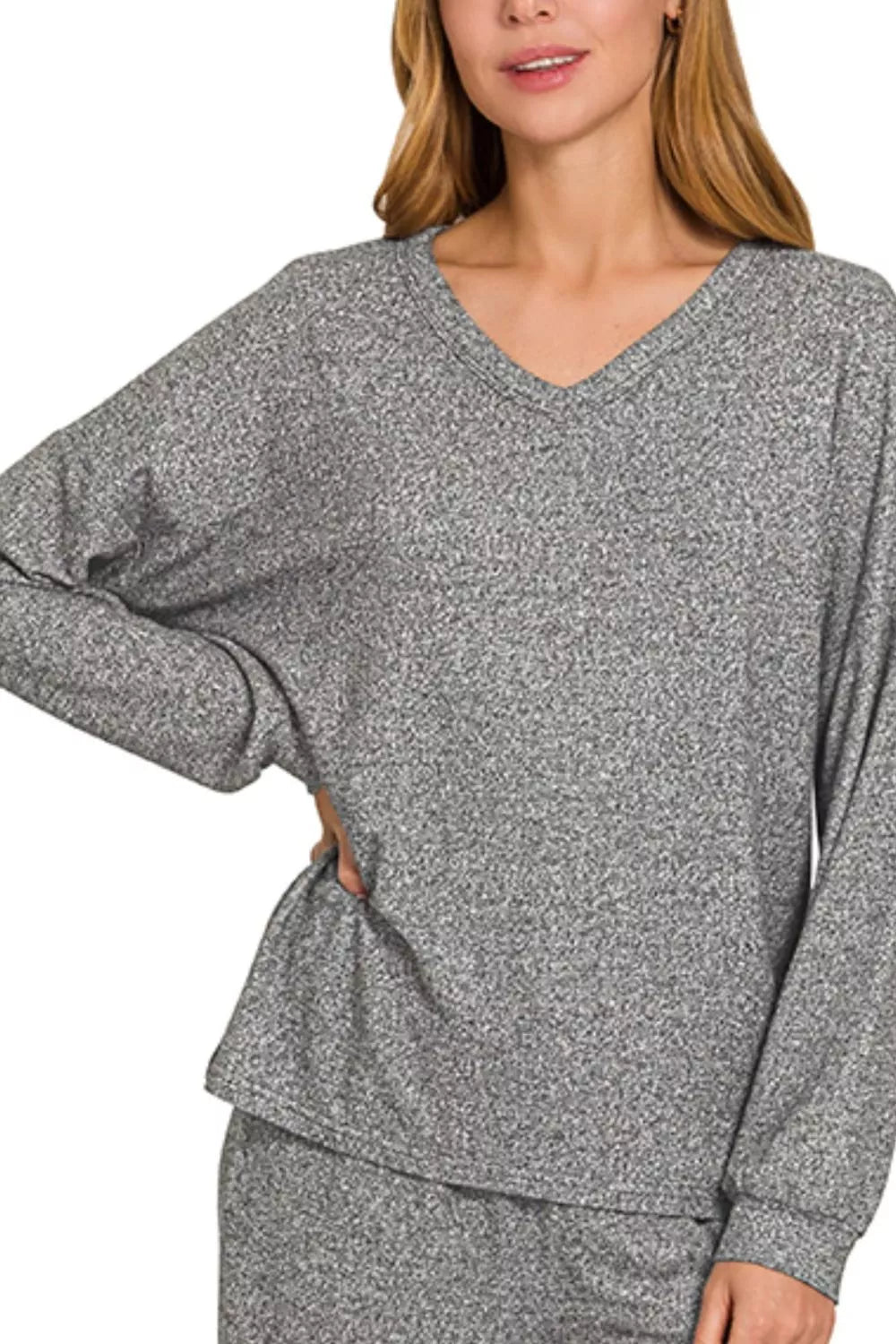Zenana Soft Melange Long Sleeve Tee & Pants Set - Robbi & Angel