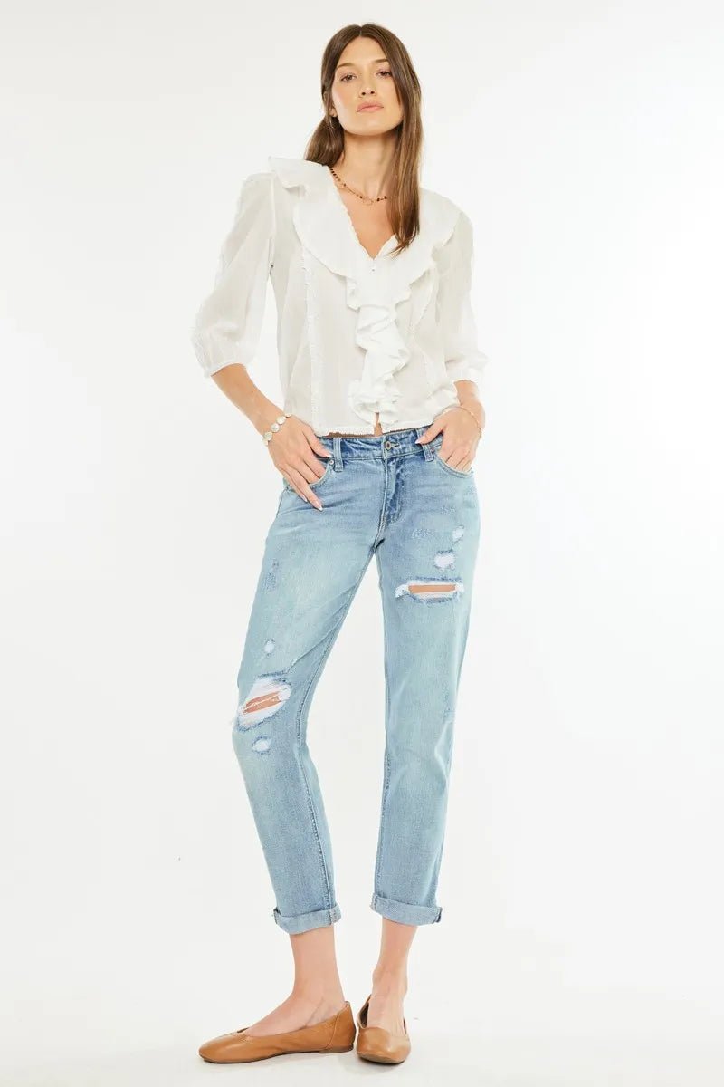 Kancan Mid Rise Distressed Boyfriend Fit Jeans - Robbi & Angel