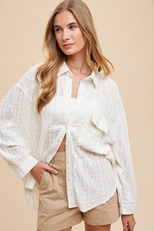 Annie Wear Openwork Button Down Drop Shoulder Shirt - Robbi & Angel