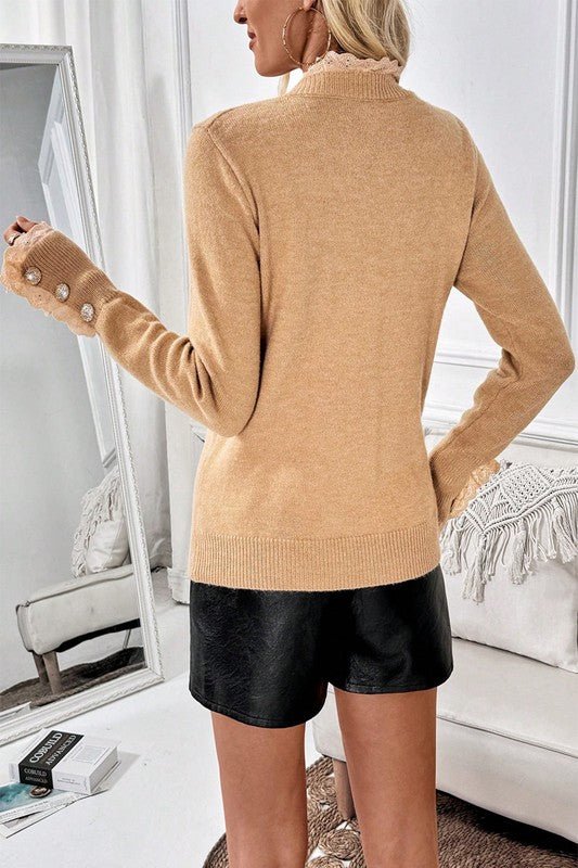 Solid Crew Neck Lace Trim Button Pullover Sweater - Robbi & Angel