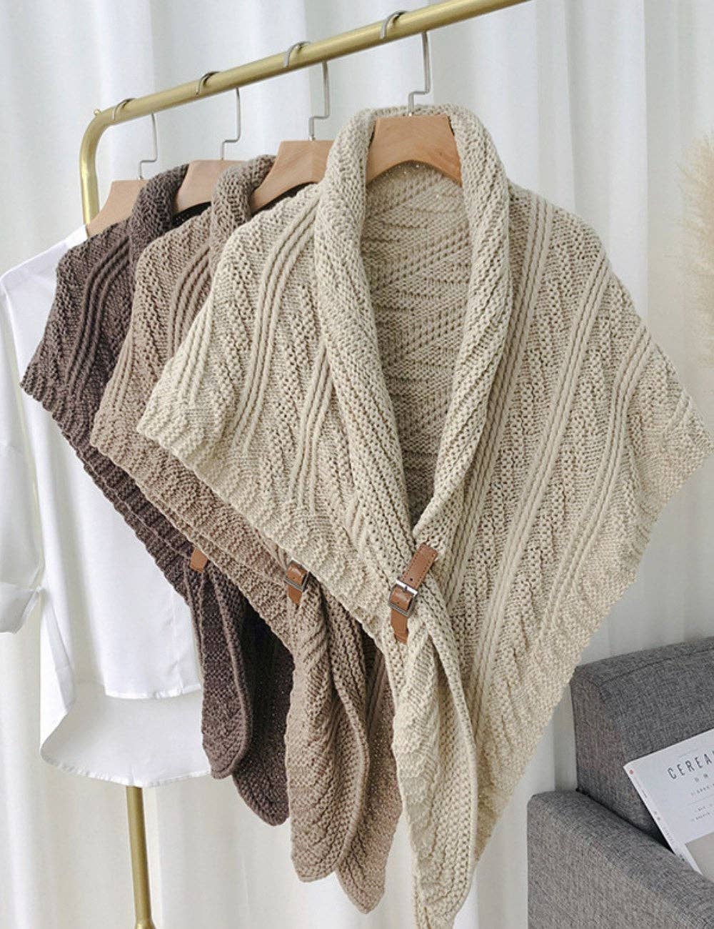 Split Triangle Solid Color Poncho Knit Scarf - Robbi & Angel