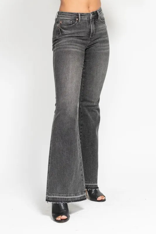 Judy Blue Full Size Mid Rise Tummy Control Washed Gray Release Hem Flare Jeans Plus Size - Robbi & Angel