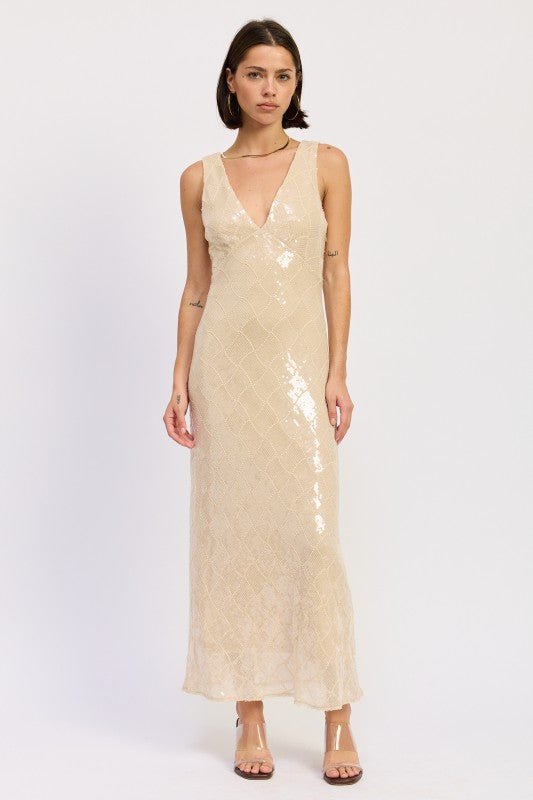 EMBELLISHED MIDI SEQUIN DRESS WITH OPEN SCOOP BACK - Robbi & Angel