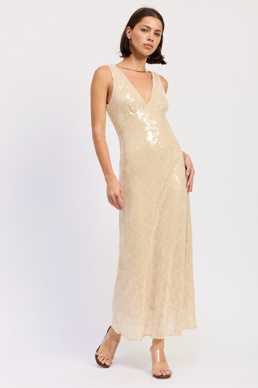 EMBELLISHED MIDI SEQUIN DRESS WITH OPEN SCOOP BACK - Robbi & Angel