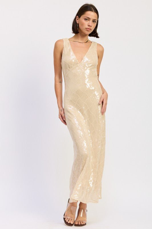 EMBELLISHED MIDI SEQUIN DRESS WITH OPEN SCOOP BACK - Robbi & Angel