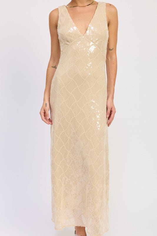 EMBELLISHED MIDI SEQUIN DRESS WITH OPEN SCOOP BACK - Robbi & Angel