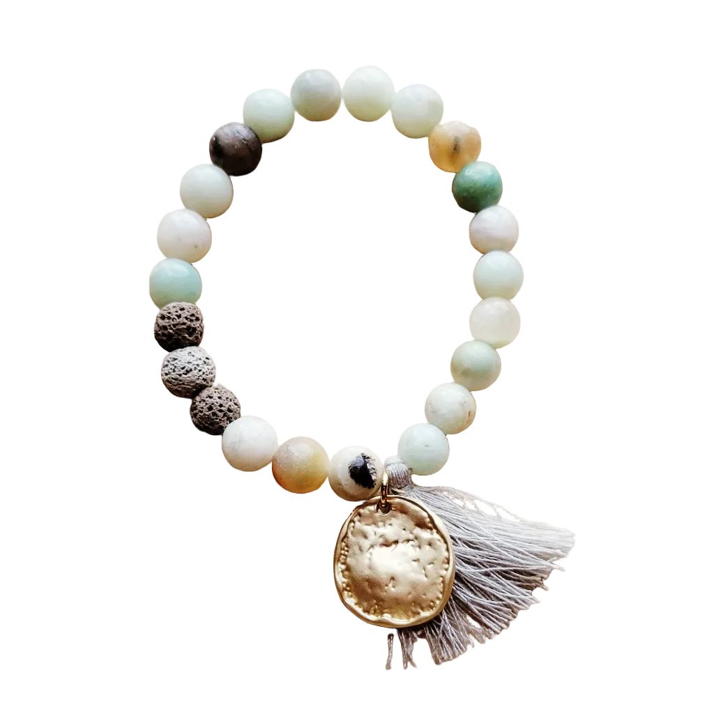 Ember Amazonite Stretch Beaded Bracelet with Tassel and Coin - Robbi & Angel