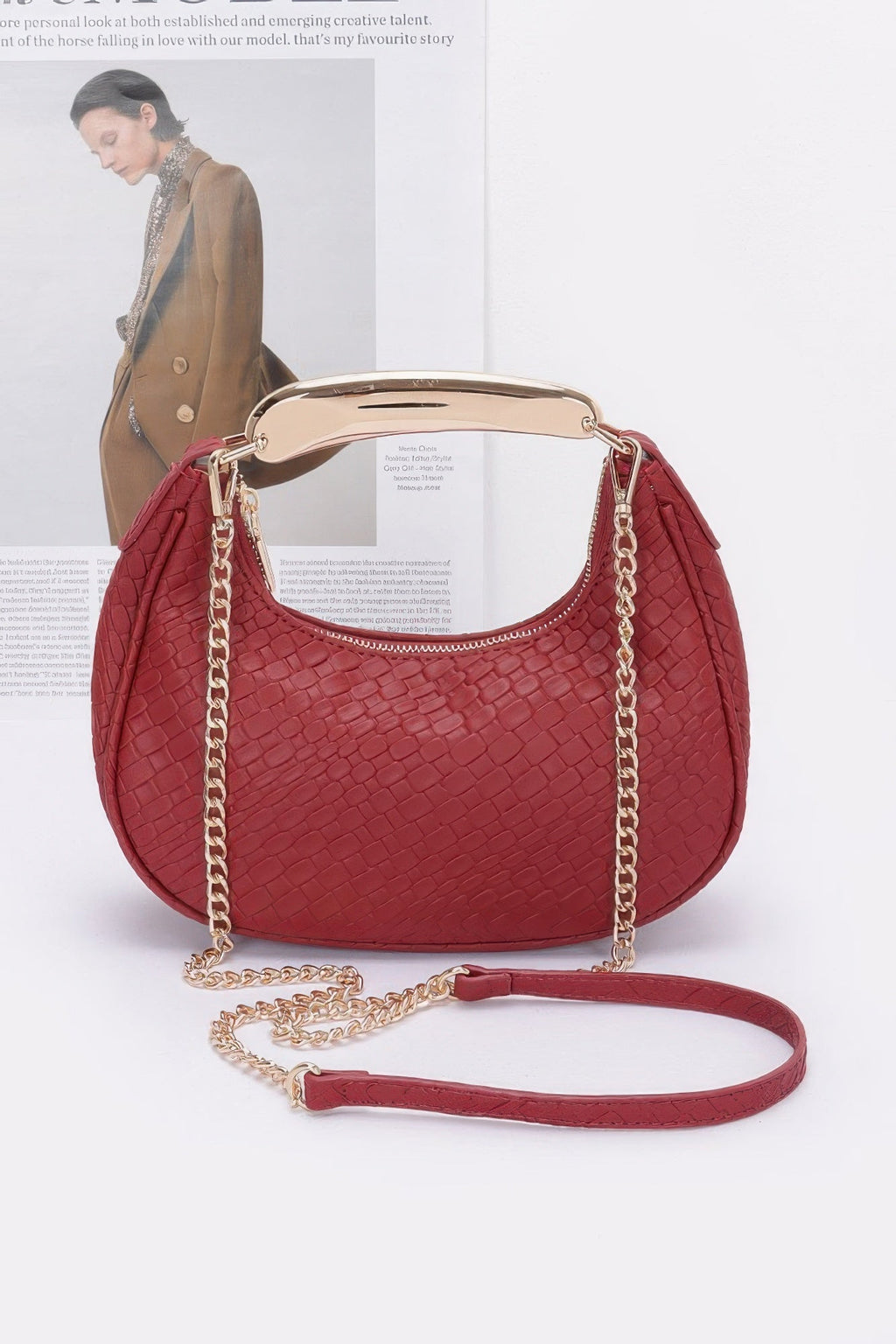 Embossed Faux Leather Metal Handle Bag - Robbi & Angel