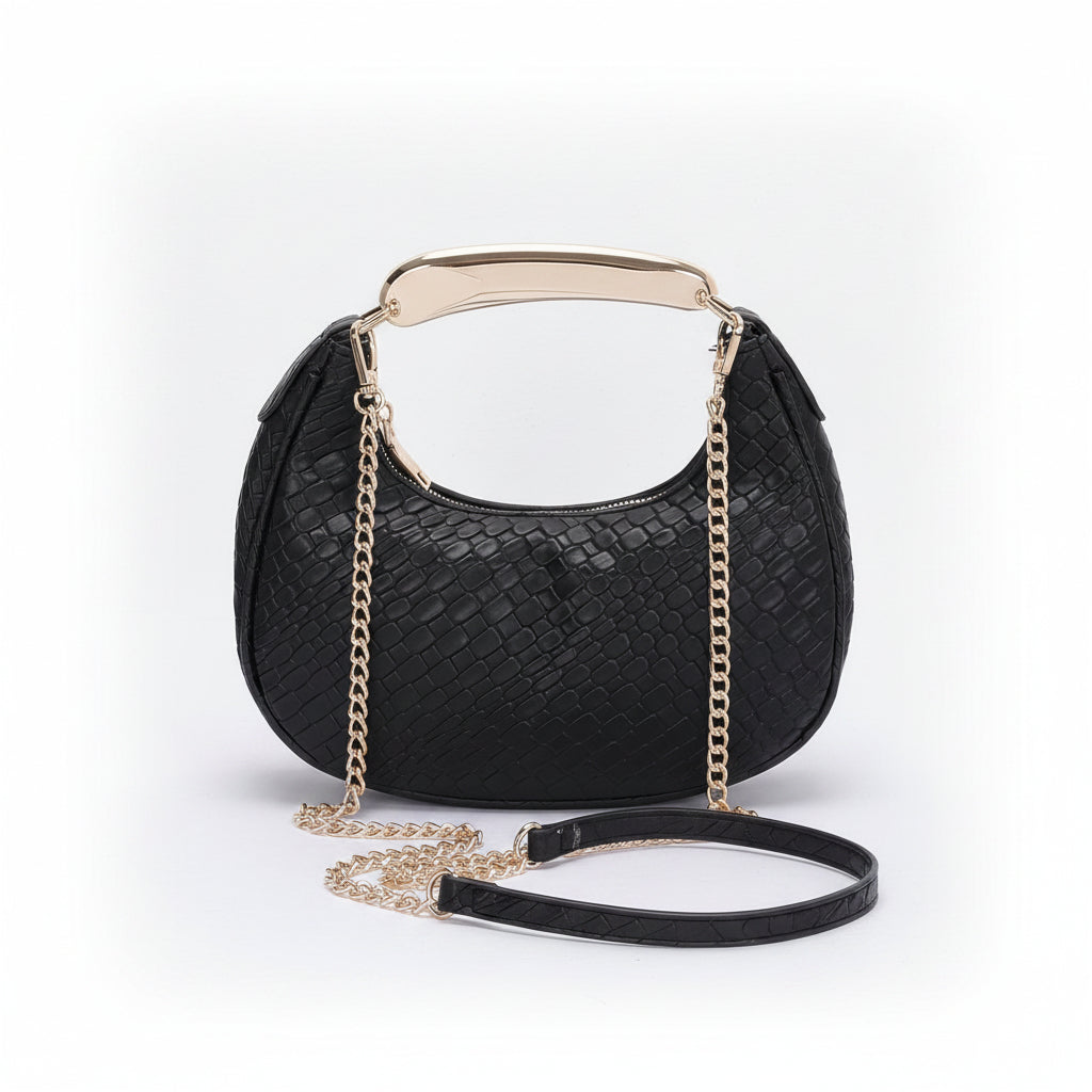 Embossed Faux Leather Metal Handle Bag - Robbi & Angel