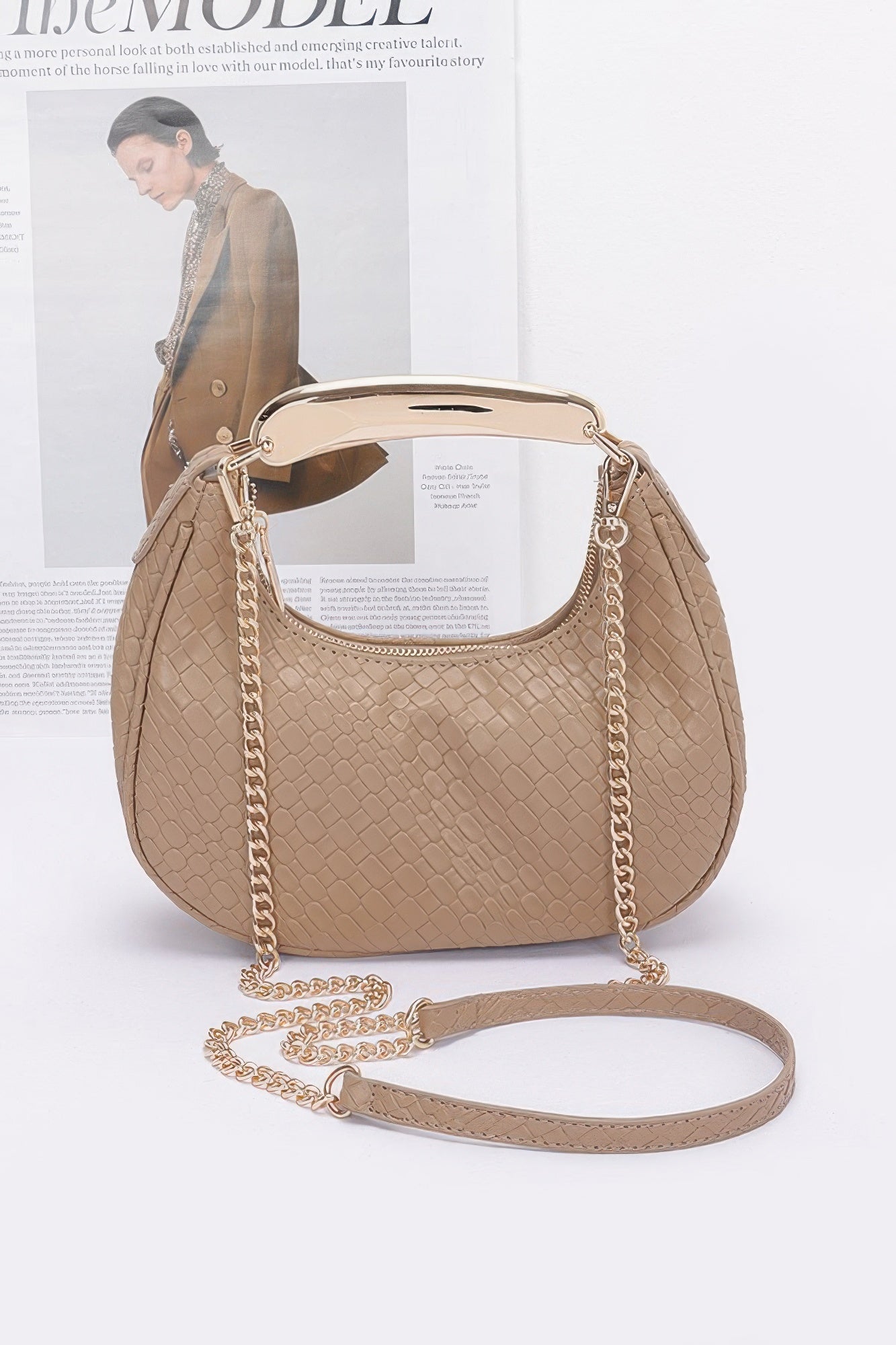 Embossed Faux Leather Metal Handle Bag - Robbi & Angel