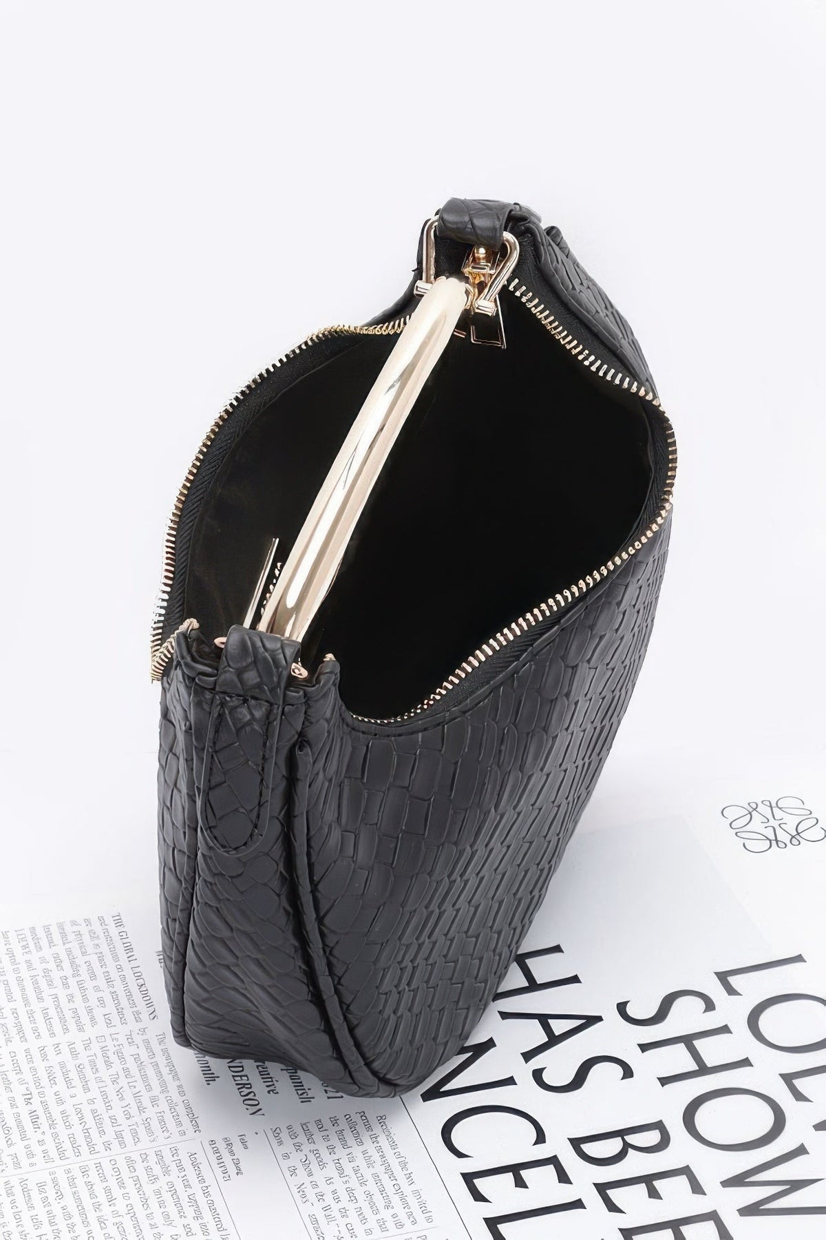 Embossed Faux Leather Metal Handle Bag - Robbi & Angel