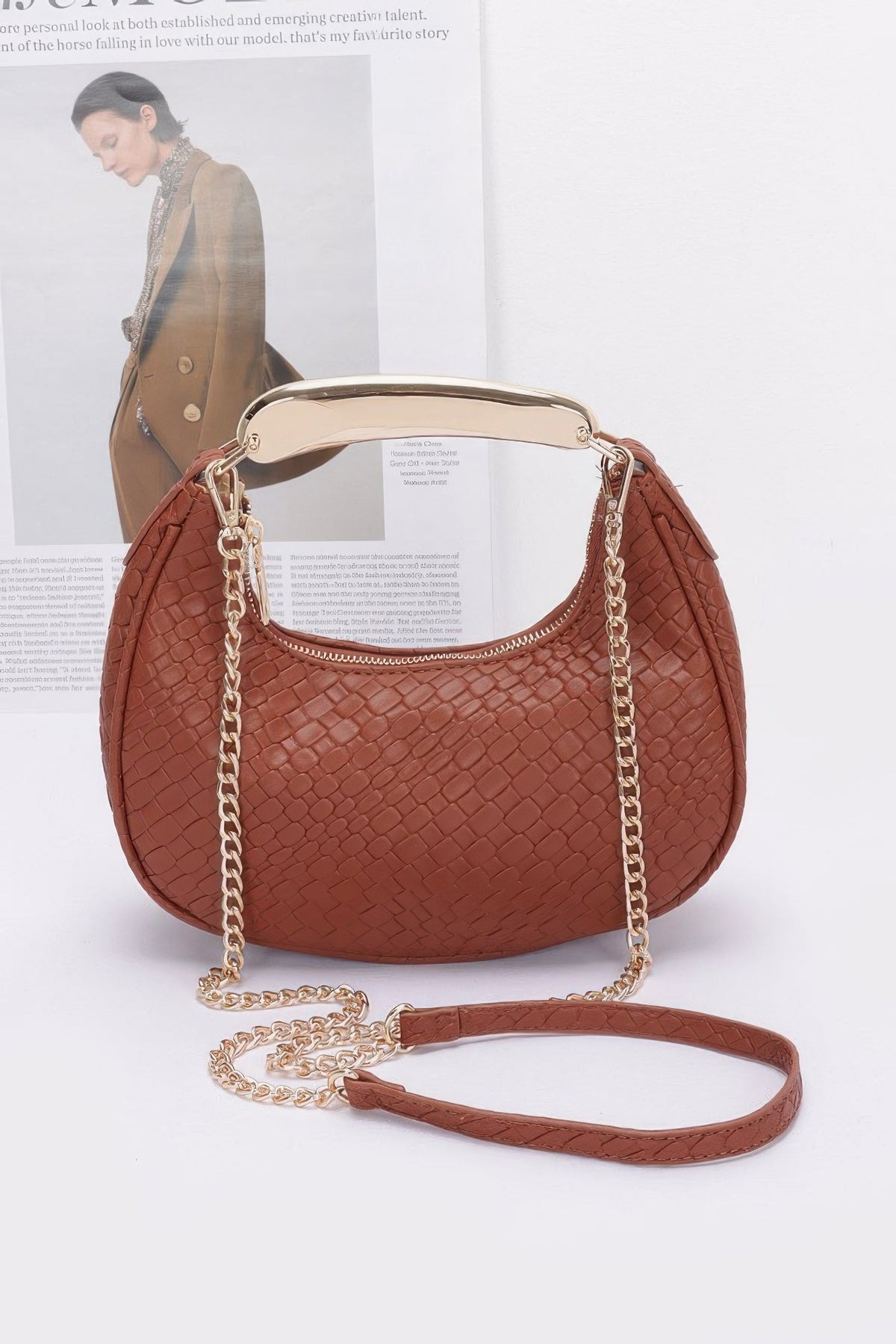 Embossed Faux Leather Metal Handle Bag - Robbi & Angel