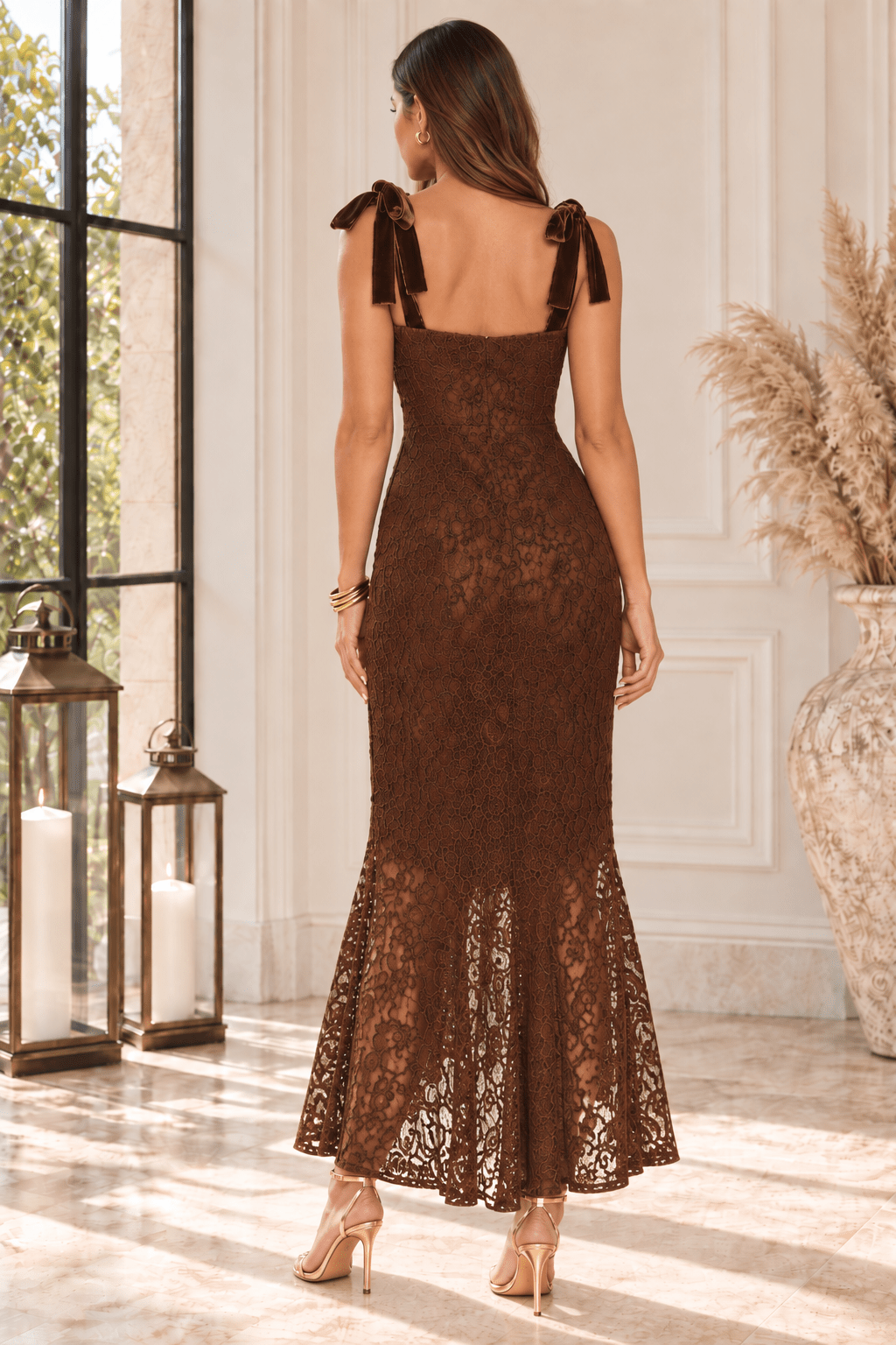 Emma Romance Chestnut Lace Tie-Strap Midi Dress - Robbi & Angel