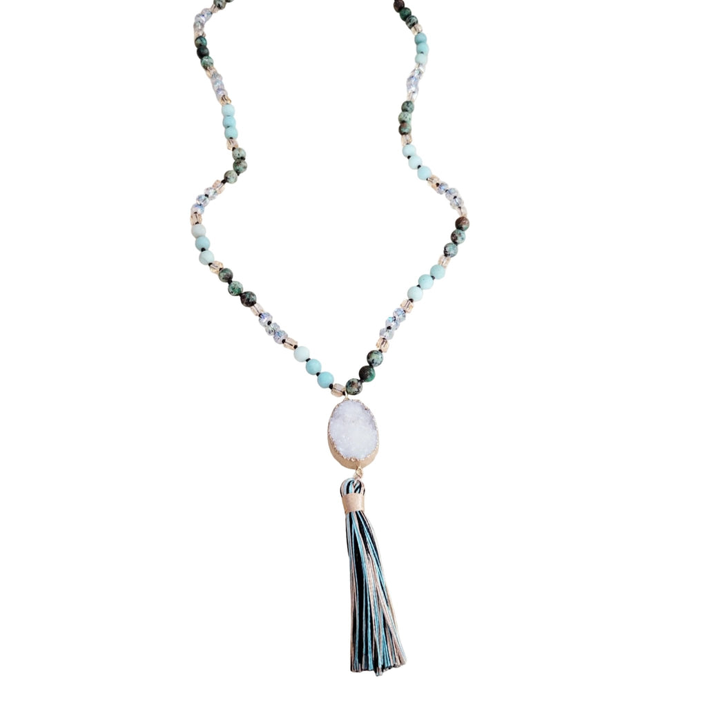 Erin Long Amazonite Necklace with Genuine White Druzy Pendant - Robbi & Angel