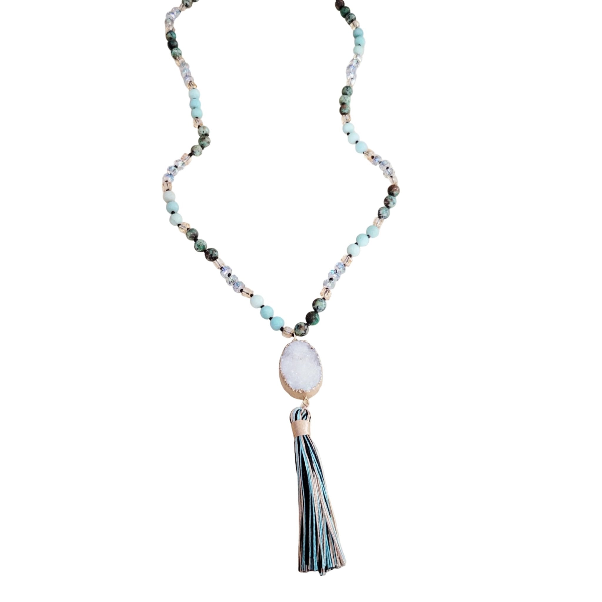 Erin Long Amazonite Necklace with Genuine White Druzy Pendant - Robbi & Angel
