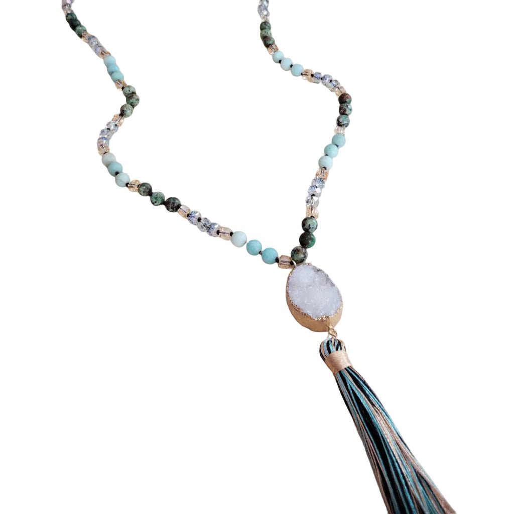 Erin Long Amazonite Necklace with Genuine White Druzy Pendant - Robbi & Angel