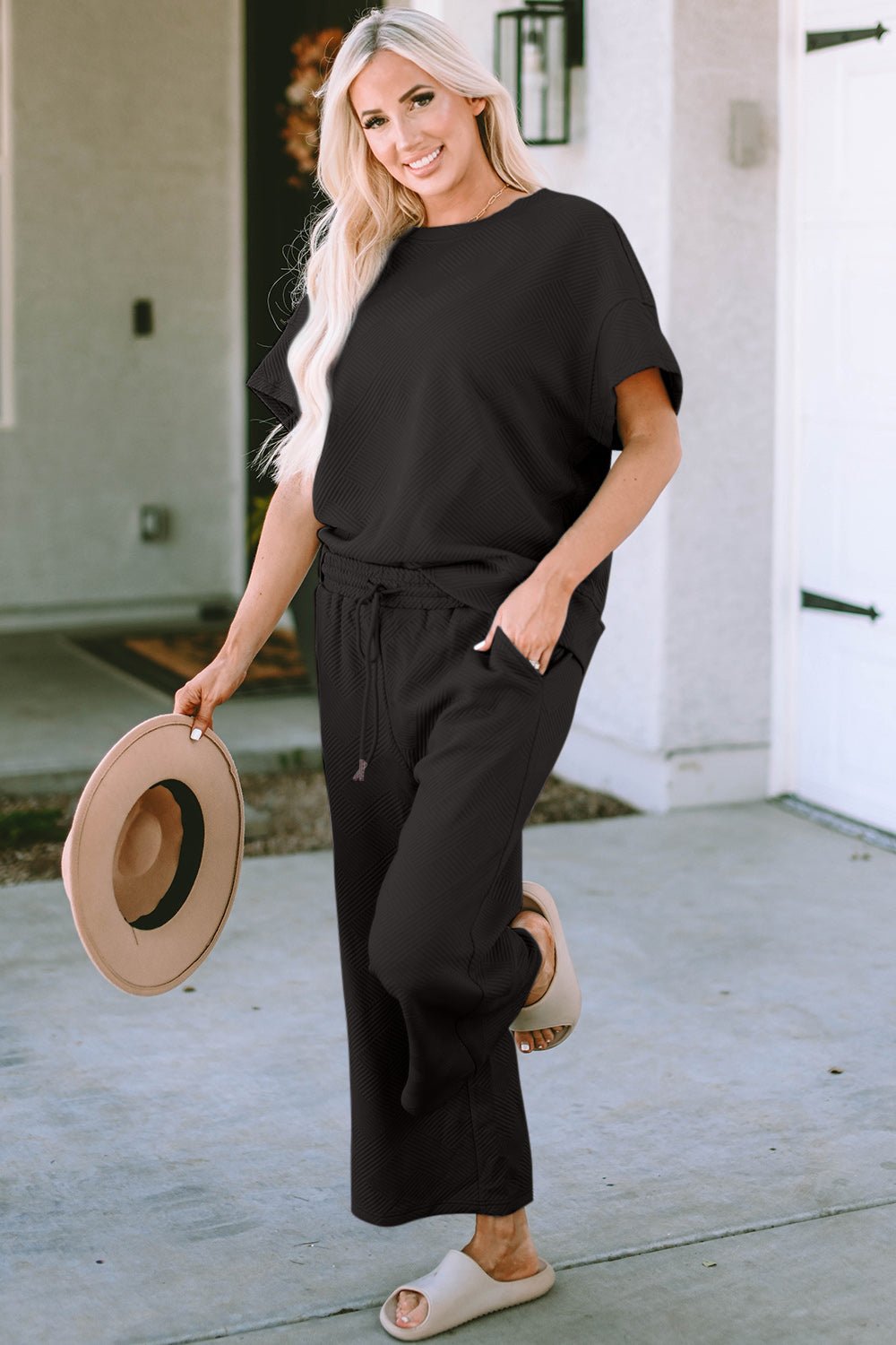 Double Take Full Size Texture Short Sleeve Top and Pants Set - Robbi & Angel