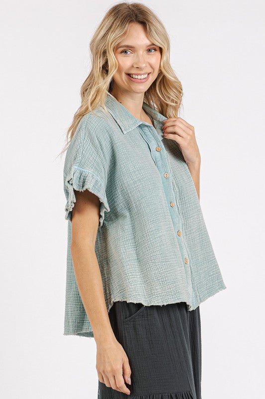 Mittoshop Mineral Washed Button Down Flounce Sleeve Shirt - Robbi & Angel