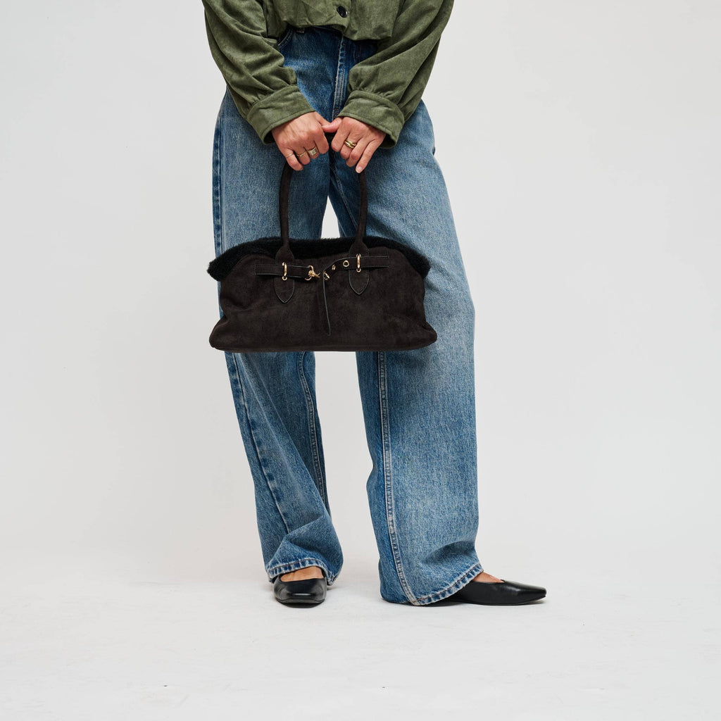 Tommi Faux Suede Plush Trim Satchel