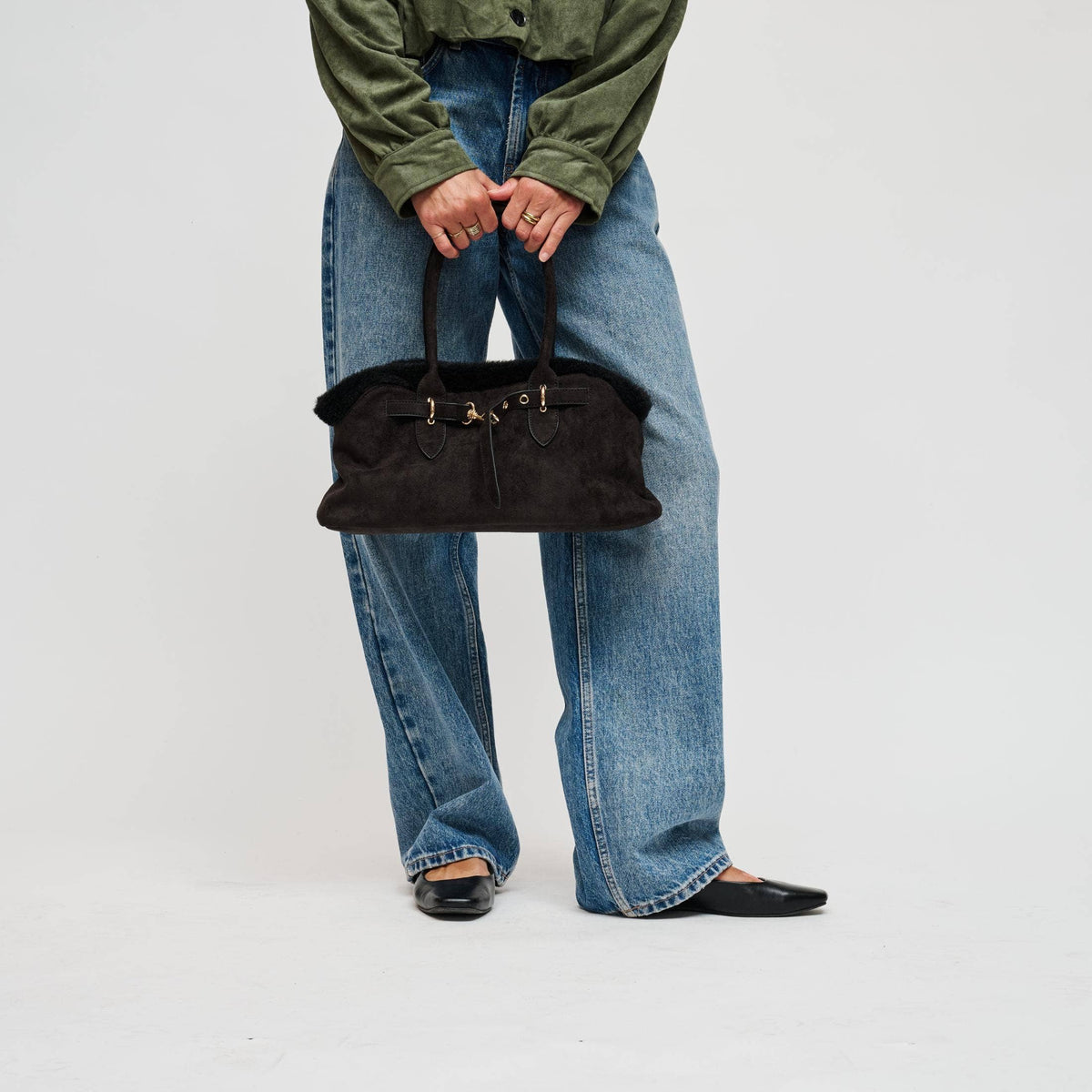 Tommi Faux Suede Plush Trim Satchel