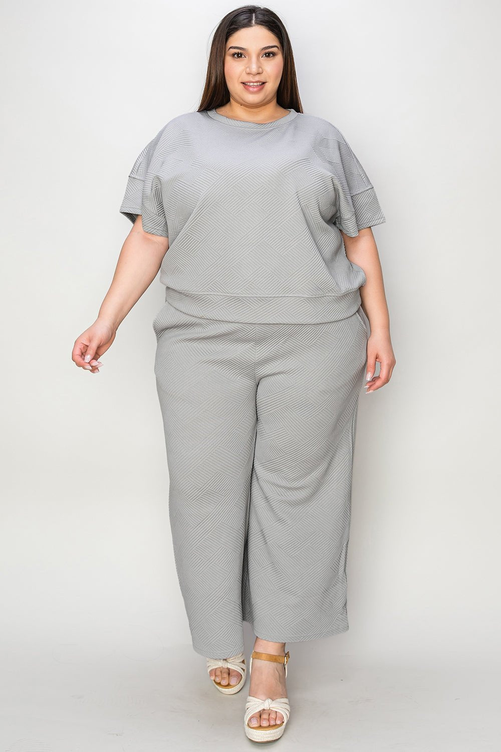 Double Take Full Size Texture Short Sleeve Top and Pants Set - Robbi & Angel
