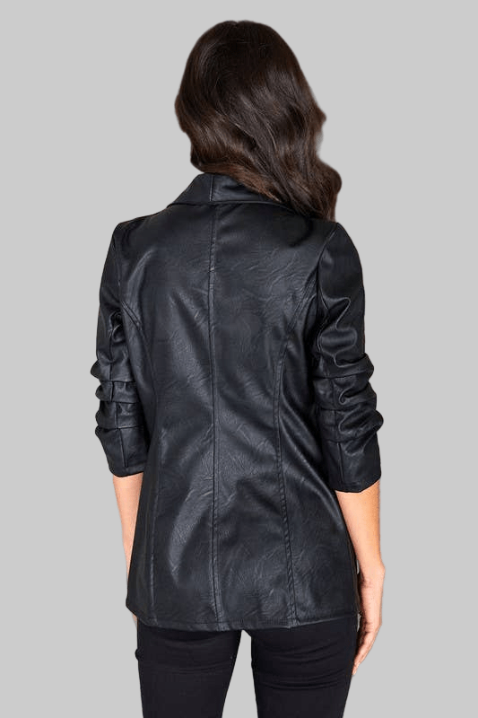 Faux Black Leather Ruched Sleeve Blazer - Robbi & Angel