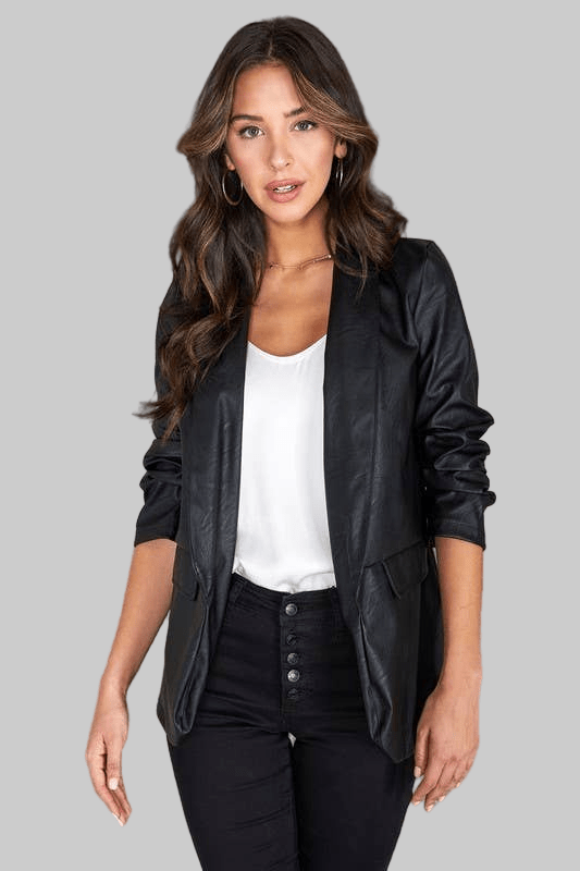 Faux Black Leather Ruched Sleeve Blazer - Robbi & Angel