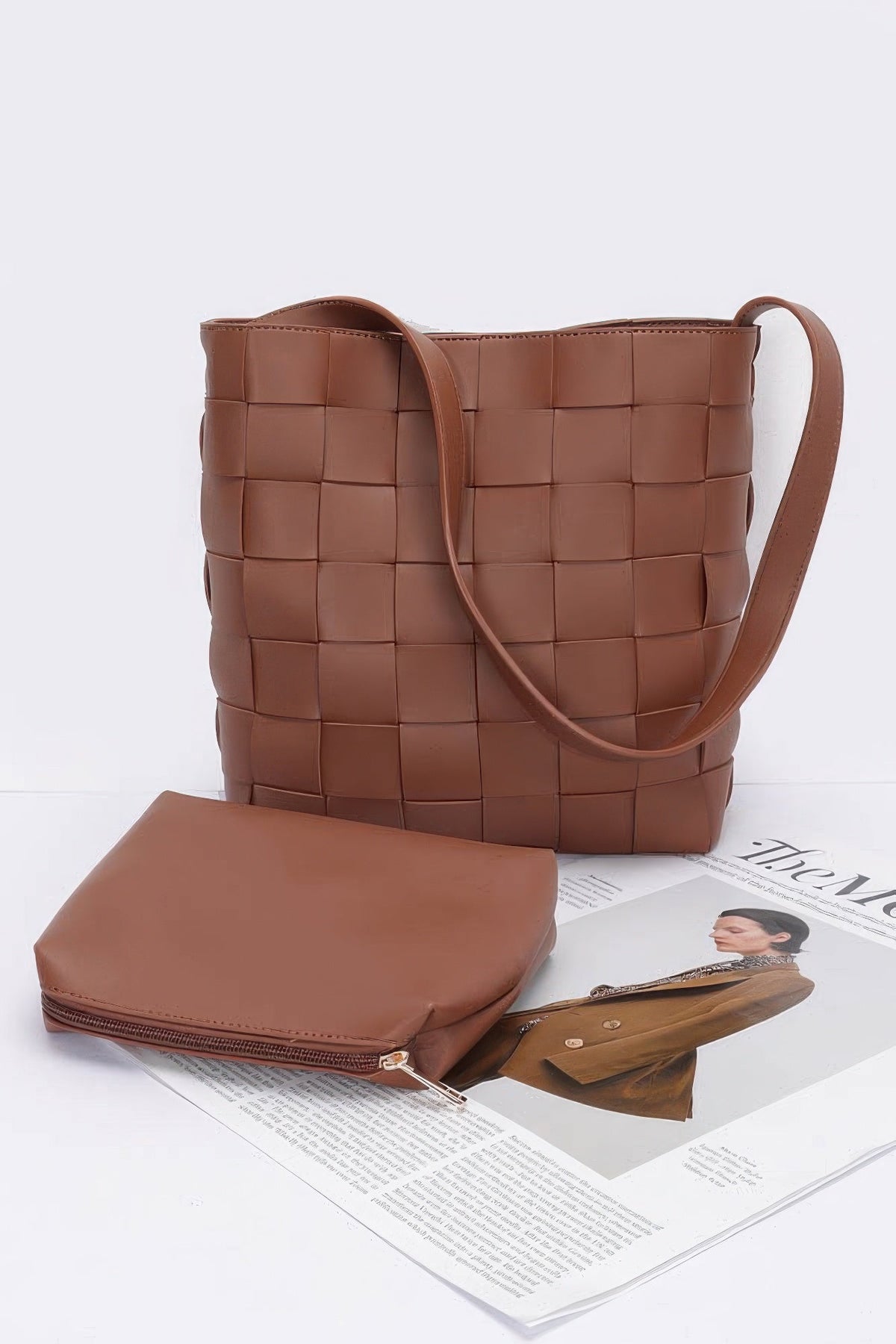 Faux Leather Braided Shoulder Bag W Pouch - Robbi & Angel