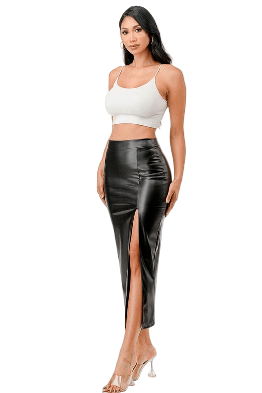 Faux Leather Skirt With High Front Slit - Robbi & Angel