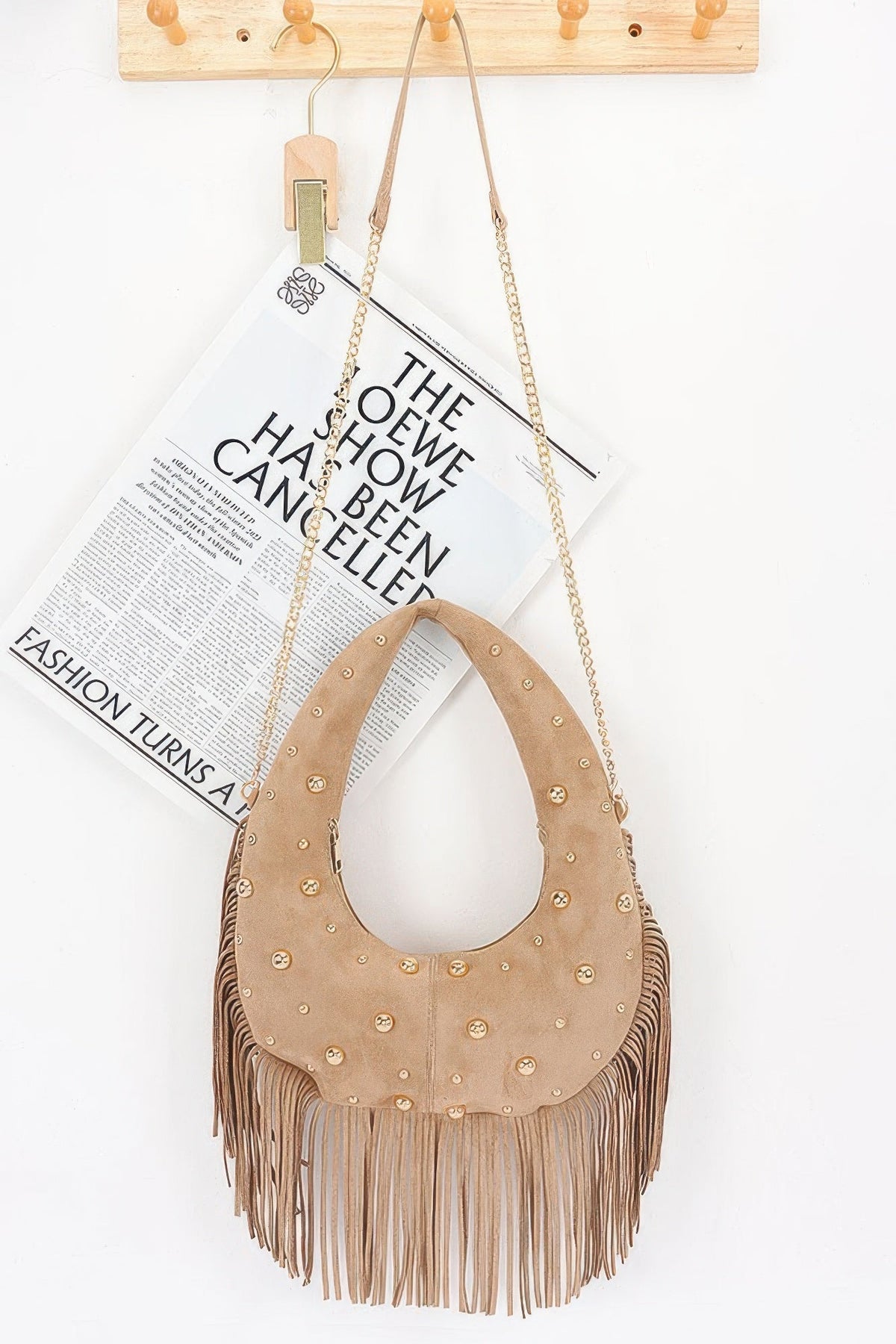 Faux Suede Metal Studded Fringe Hobo Bag - Robbi & Angel