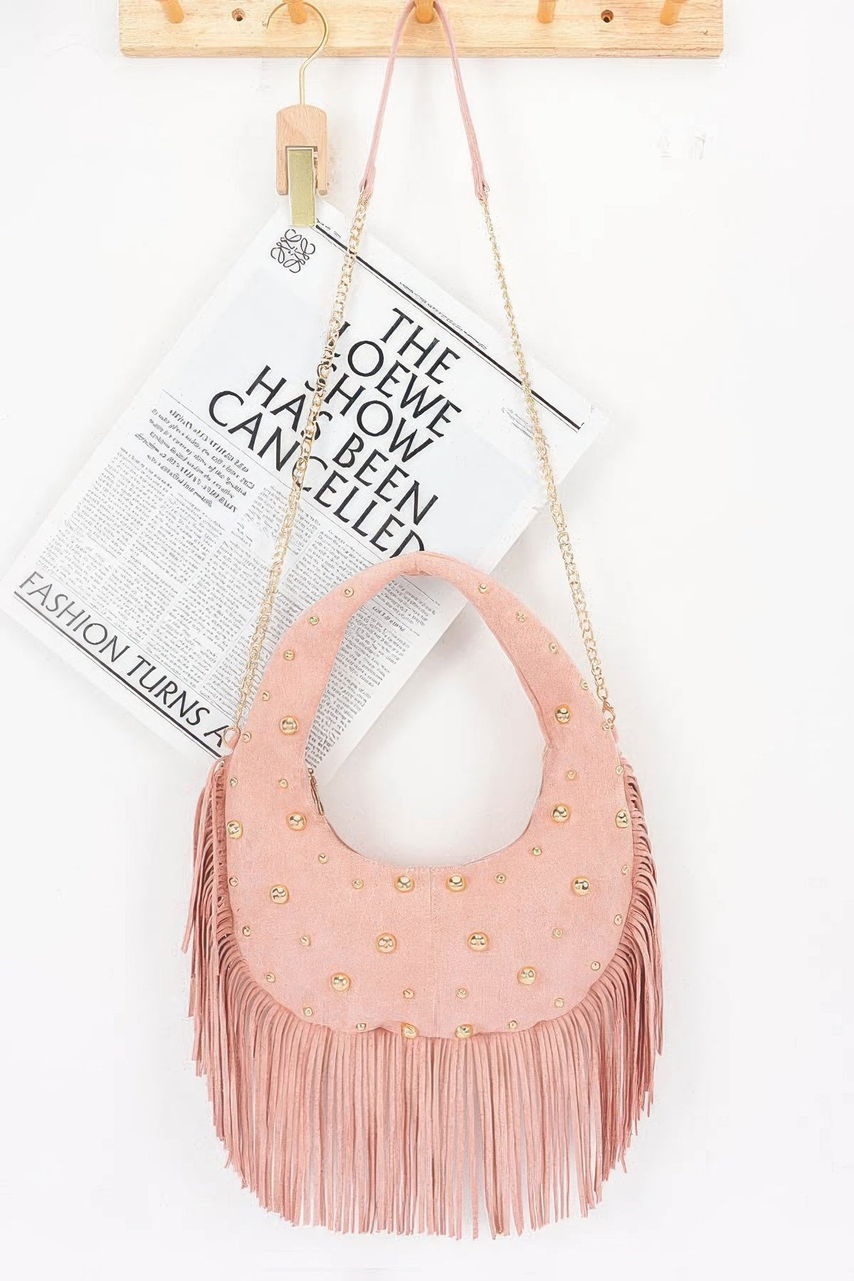 Faux Suede Metal Studded Fringe Hobo Bag - Robbi & Angel
