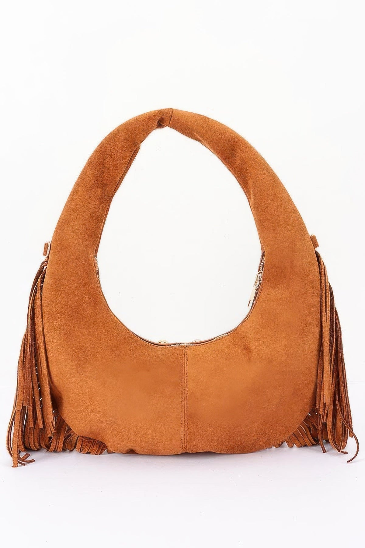 Faux Suede Metal Studded Fringe Hobo Bag - Robbi & Angel