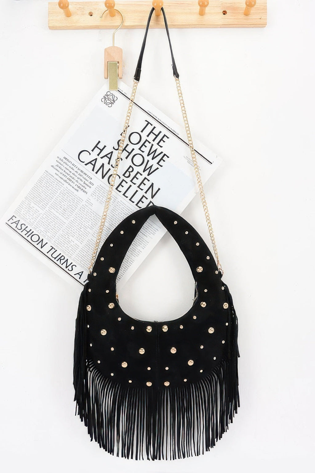 Faux Suede Metal Studded Fringe Hobo Bag - Robbi & Angel